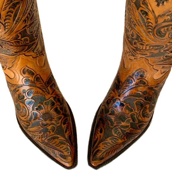 Custom Handmade Tooled Leather Brown Cowboy Western Boots Men’s 8 E Women’s 10 - Picture 5 of 8
